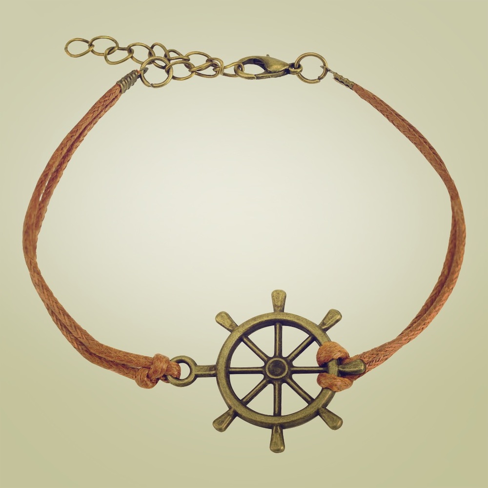 Tan and bronze ship wheel leather bracelet